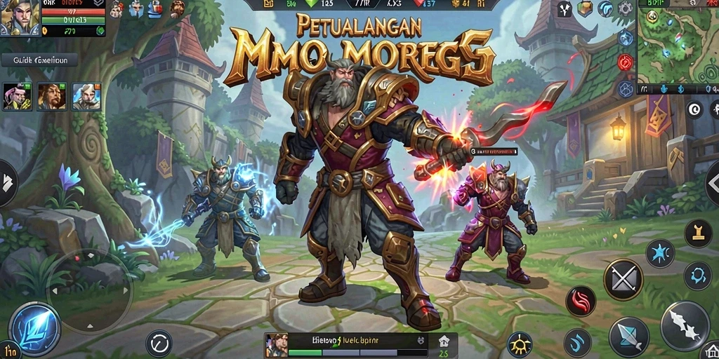 Screenshot utama 77RP menampilkan pertarungan epik dalam dunia MMORPG.
