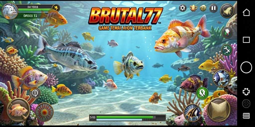 Tampilan menarik gameplay ikan berwarna-warni di BRUTAL77.