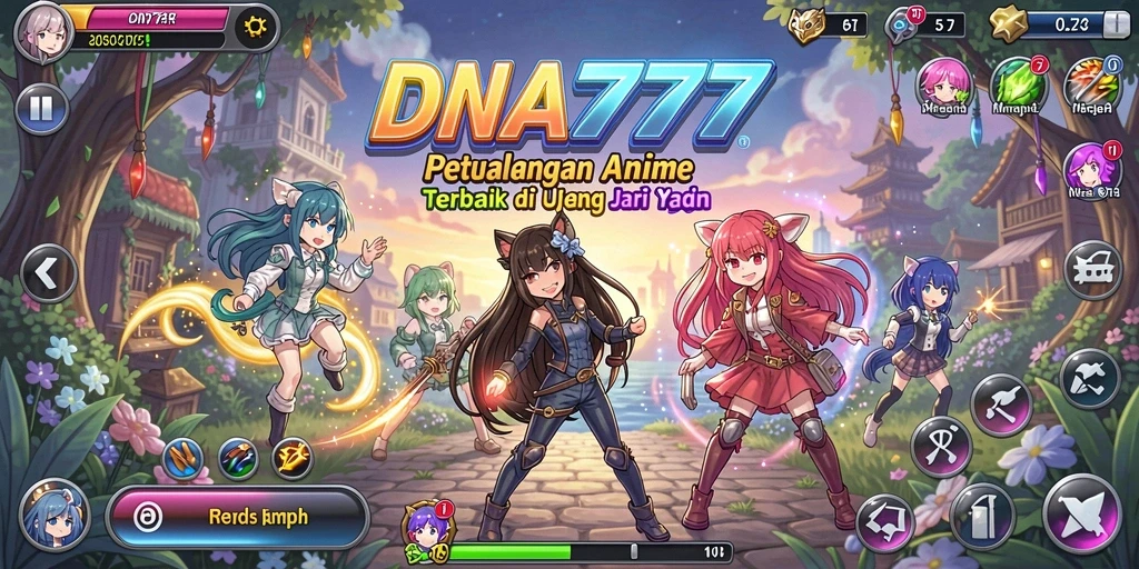 Screenshot gameplay utama menunjukkan aksi seru dalam DNA777 dengan karakter Anime.
