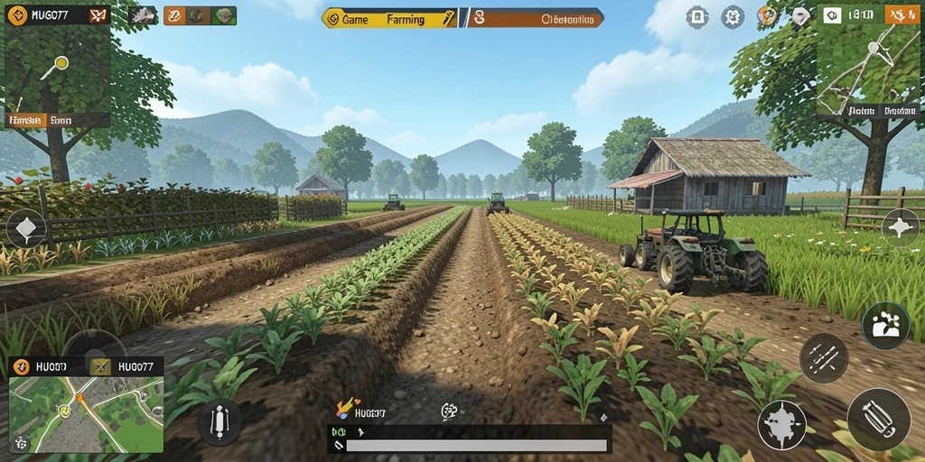 Tampilan gameplay HUGO77 dengan berbagai aktivitas farming yang seru.