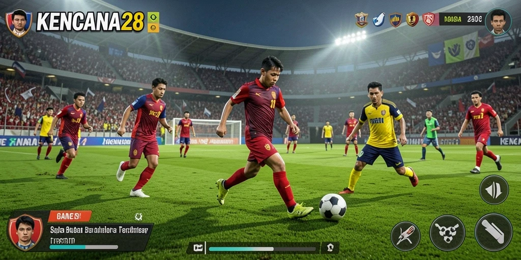 Tampilan gameplay <strong>KENCANA28</strong> yang mendebarkan di lapangan sepak bola.
