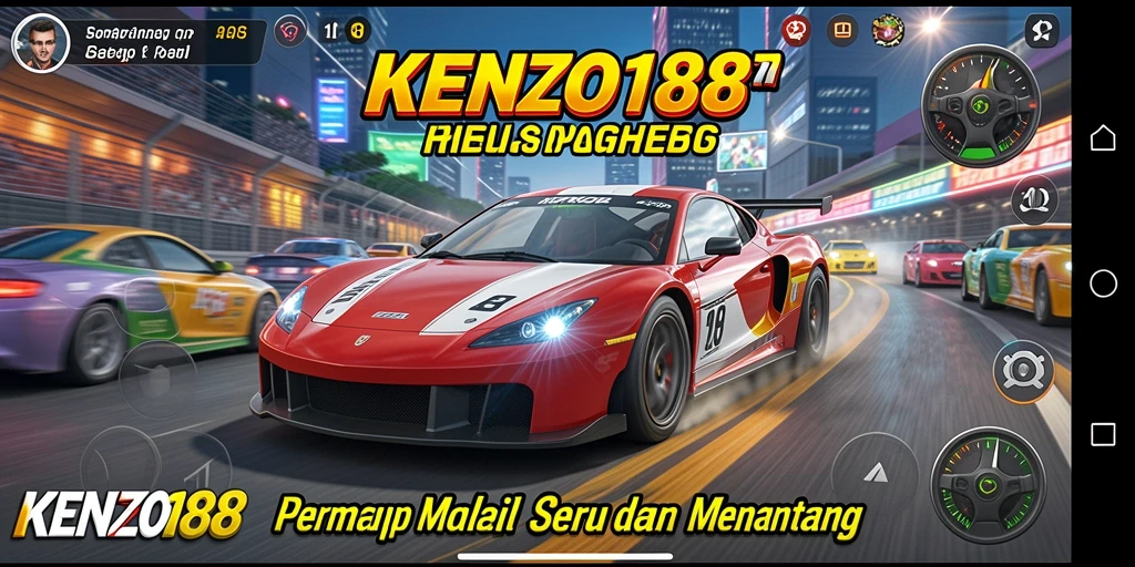 Gameplay KENZO188 dengan mobil balap di lintasan yang spektakuler.