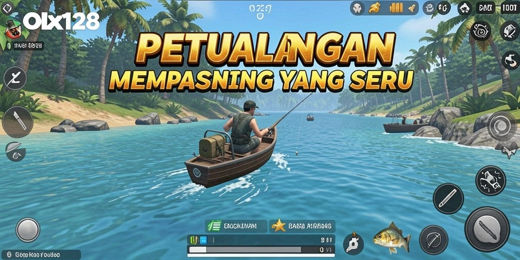 Screenshot menunjukkan gameplay menarik dalam OLX128 dengan berbagai jenis ikan dan lokasi memancing.